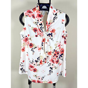 White House Black Market Peach & Black Floral Tie Sleeveless Blouse Women 00 (S)